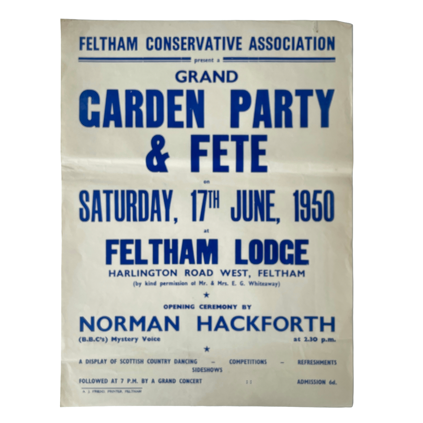 1950 Original Letterpress Printed Poster – Garden Party & Fete