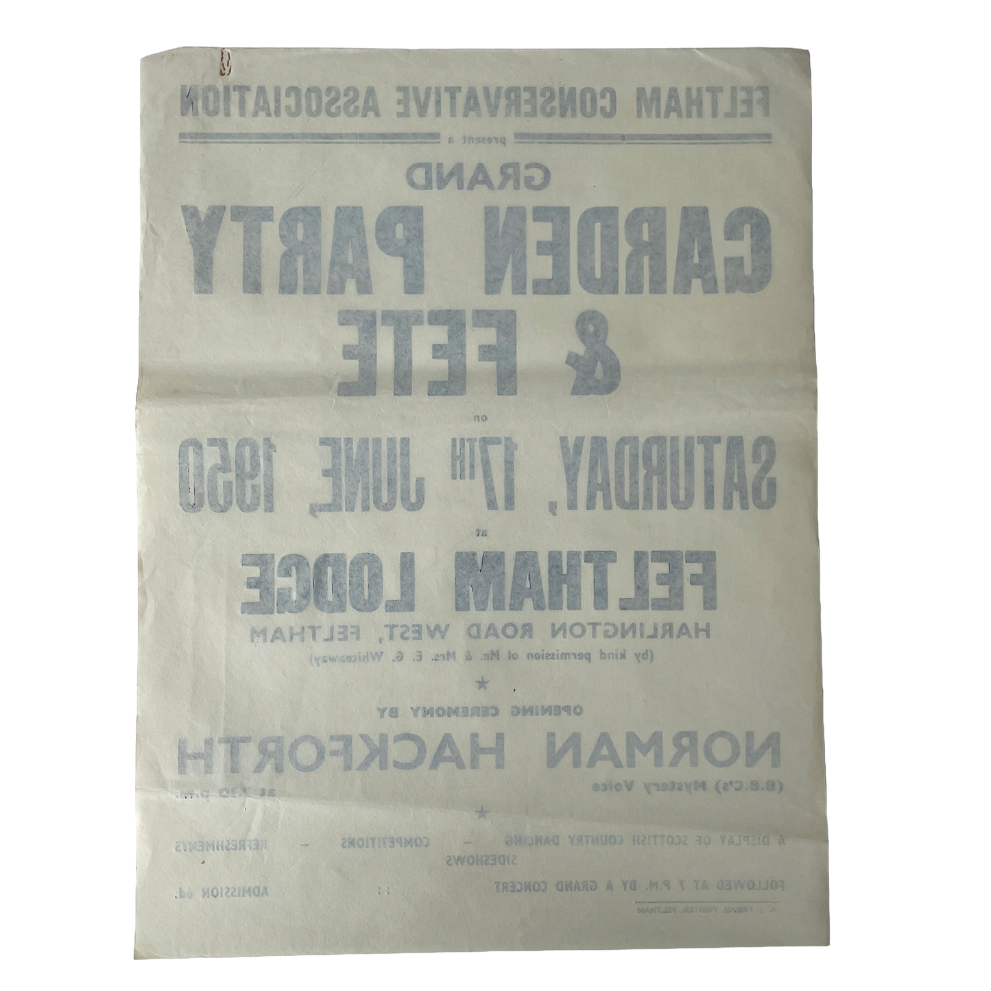 1950 Original Letterpress Printed Poster – Garden Party & Fete