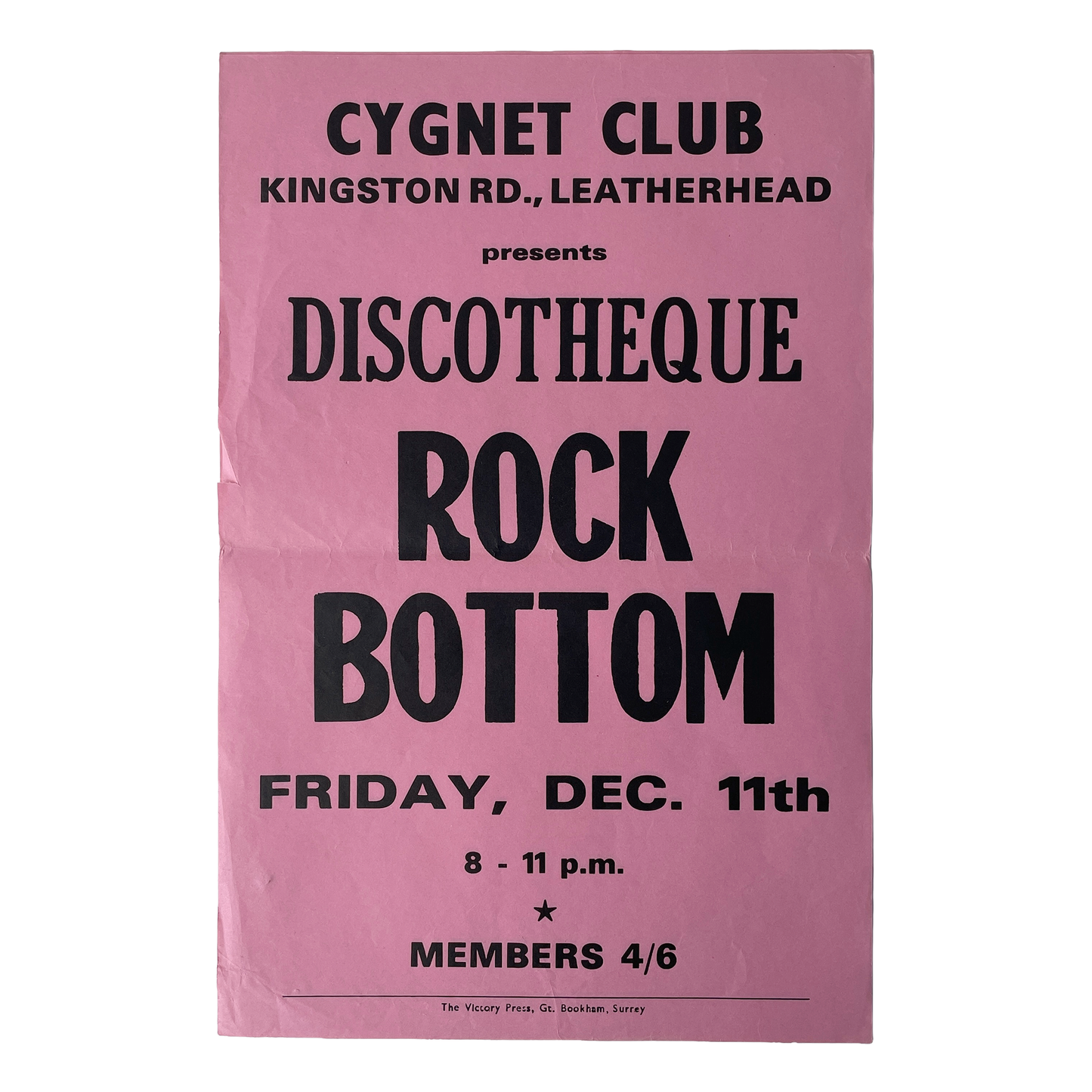 1960/70s Original Letterpress Printed Poster – Rock Bottom Discotheque - Pink