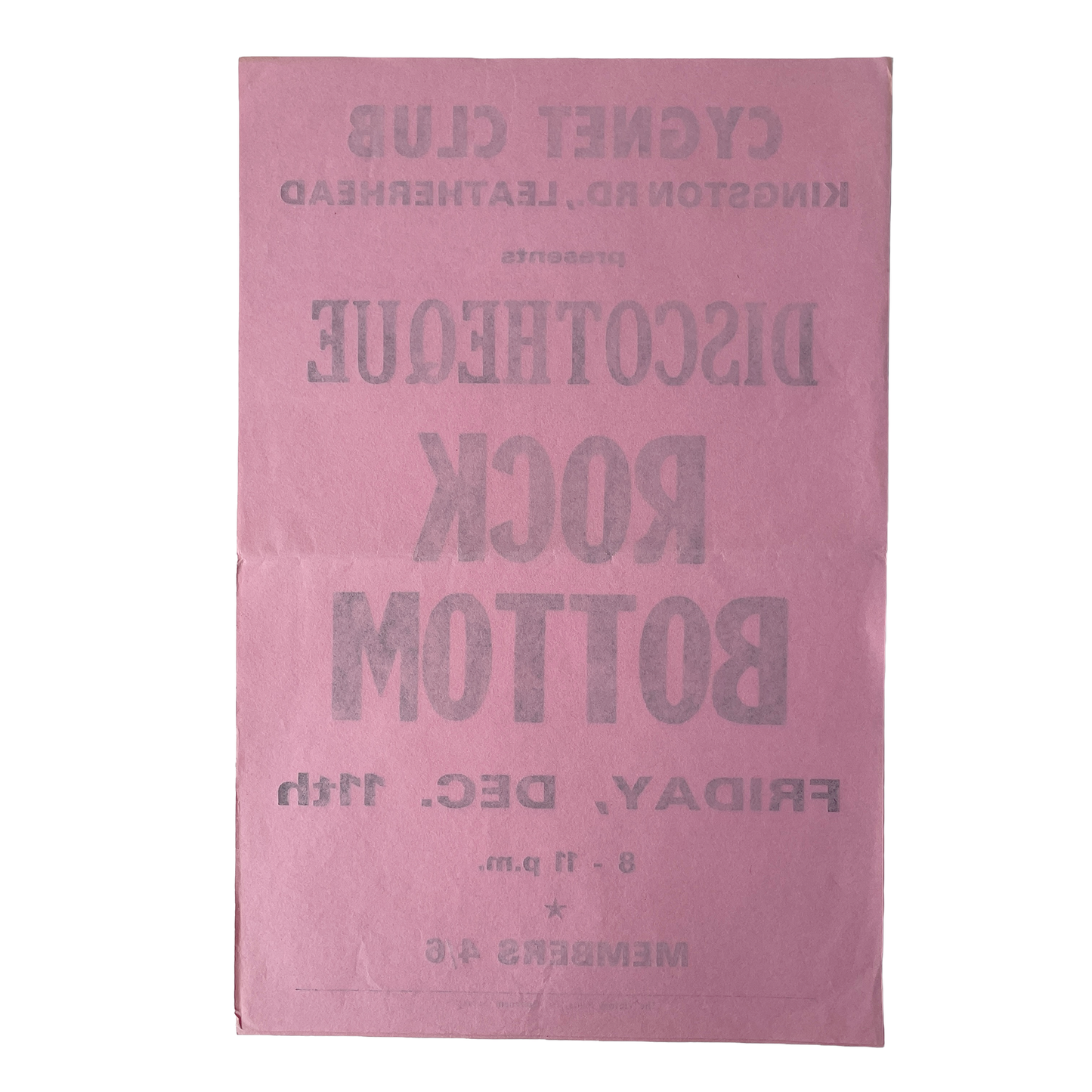 1960/70s Original Letterpress Printed Poster – Rock Bottom Discotheque - Pink