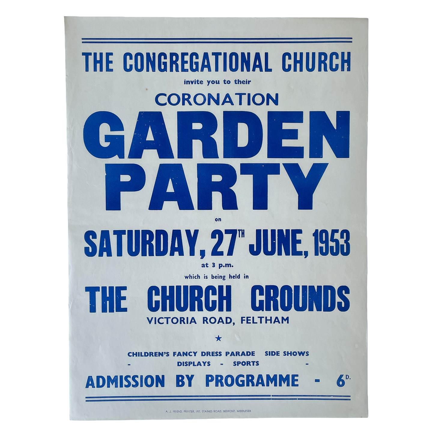 1953 Original Letterpress Printed Poster – Coronation Garden Party
