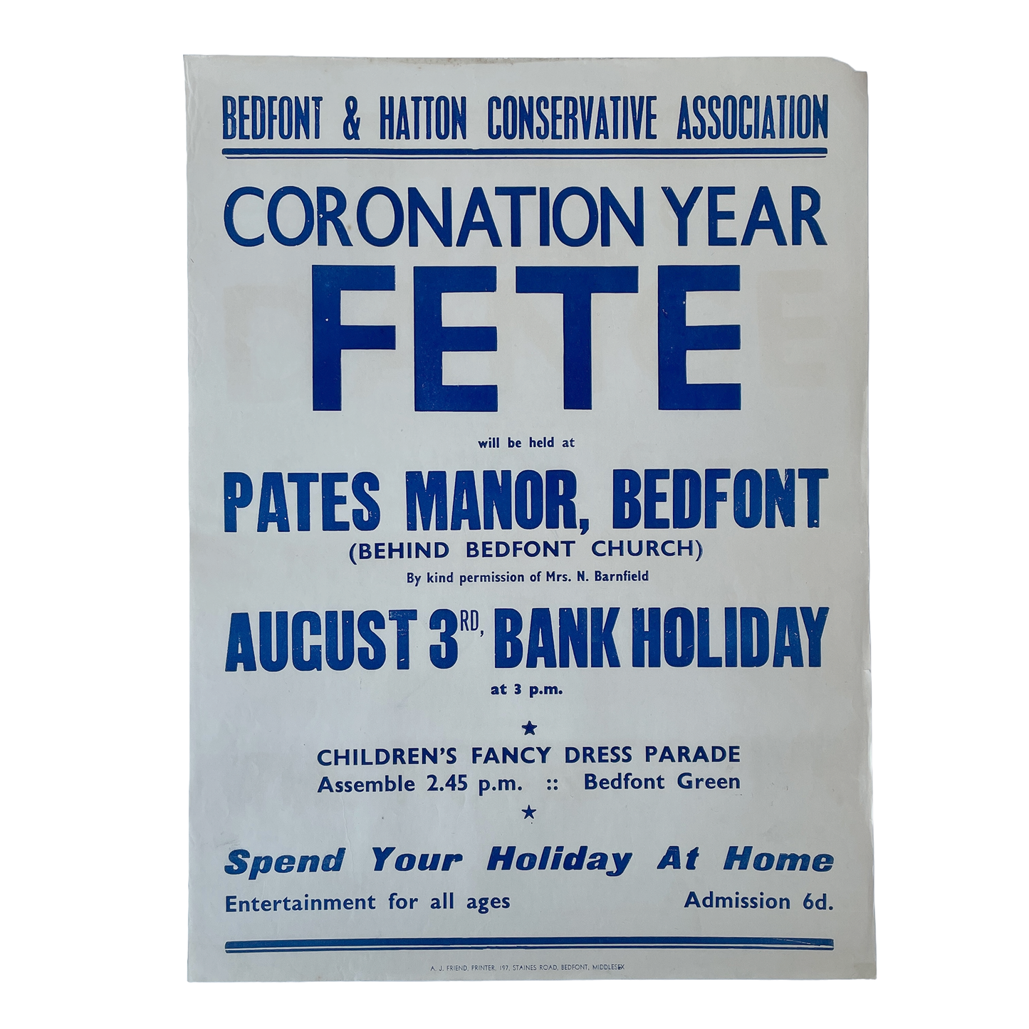 1953 Original Letterpress Printed Poster – Coronation Year Fete