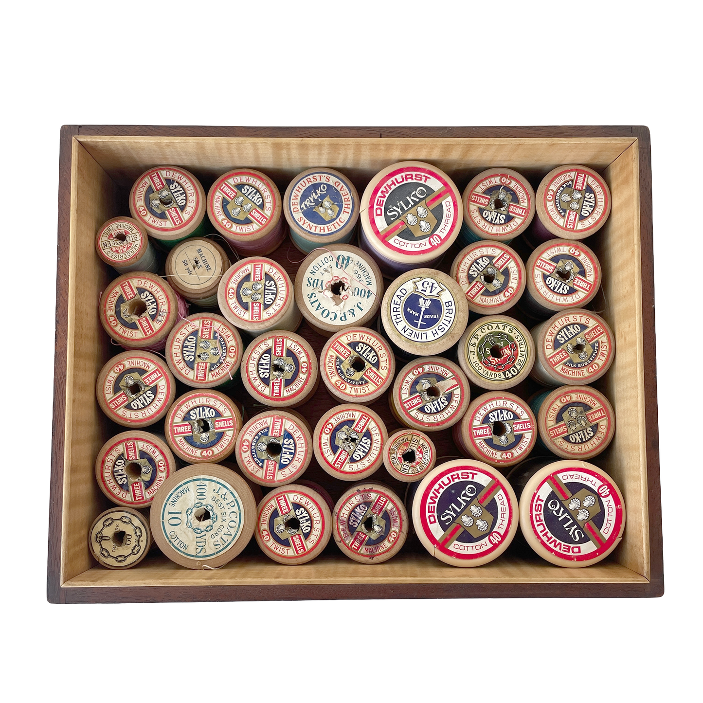 Vintage Wooden Box Filled with Cotton Reels