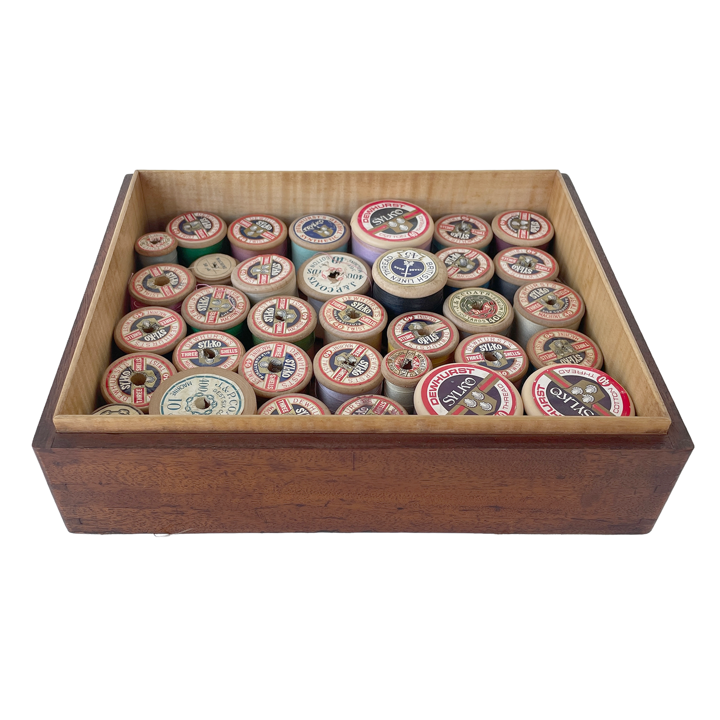 Vintage Wooden Box Filled with Cotton Reels