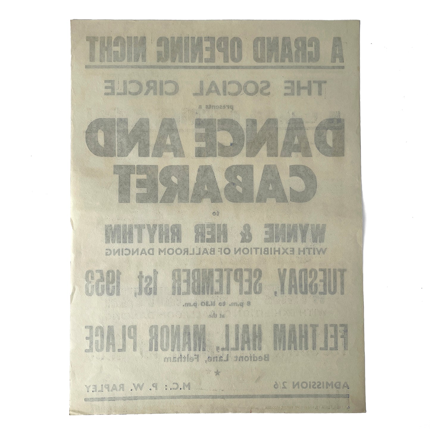 1953 Original Letterpress Printed Poster – Dance and Cabaret