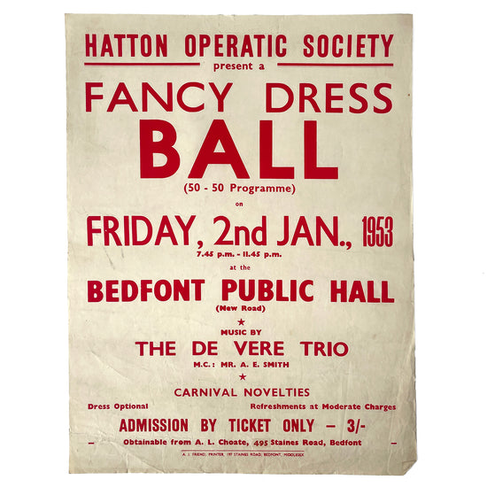 1953 Original Letterpress Printed Poster – Fancy Dress Ball