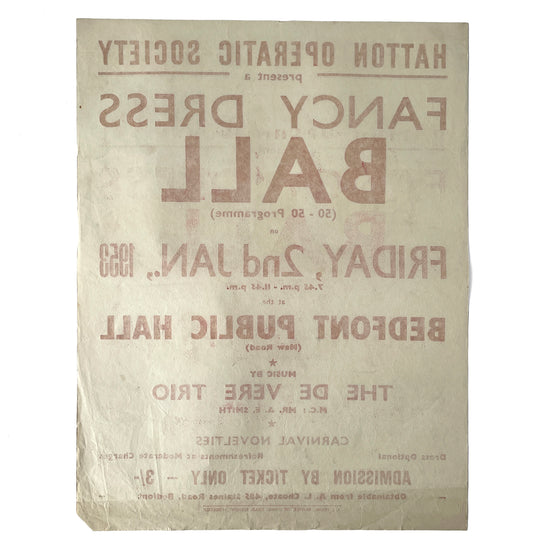1953 Original Letterpress Printed Poster – Fancy Dress Ball