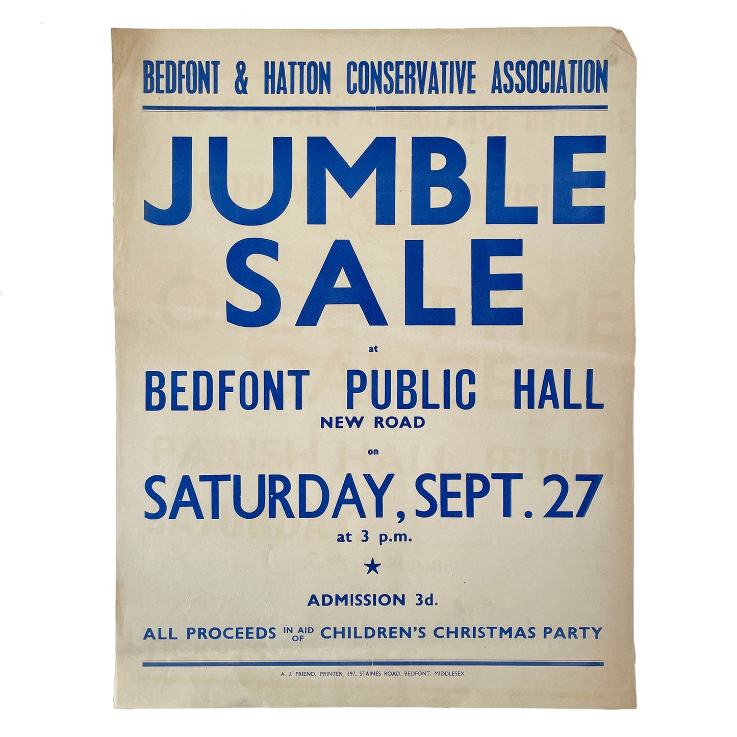 1950s Original Letterpress Printed Poster – Jumble Sale – Bedfont Public Hall