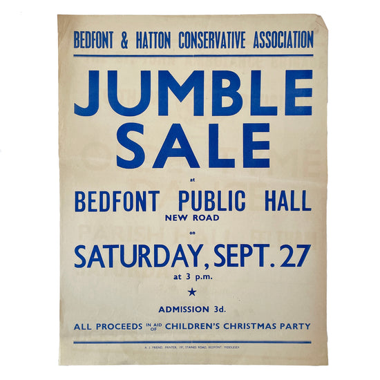 1950s Original Letterpress Printed Poster – Jumble Sale – Bedfont Public Hall