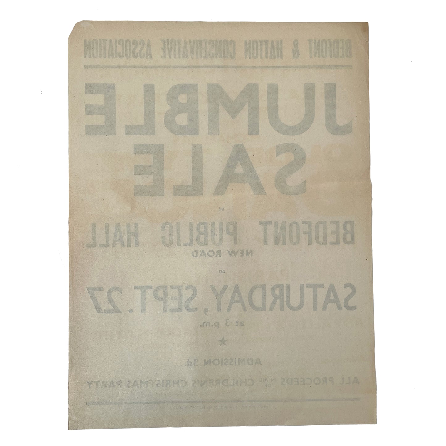 1950s Original Letterpress Printed Poster – Jumble Sale – Bedfont Public Hall