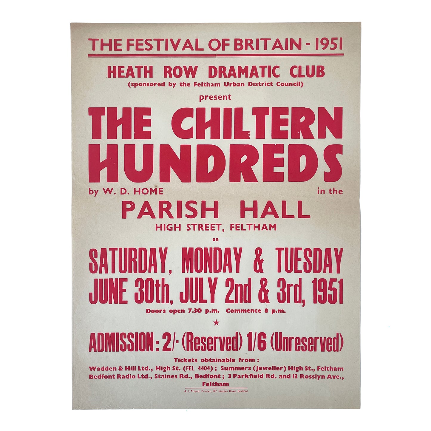 1951 Original Letterpress Printed Poster – Festival of Britain – The Chiltern Hundreds