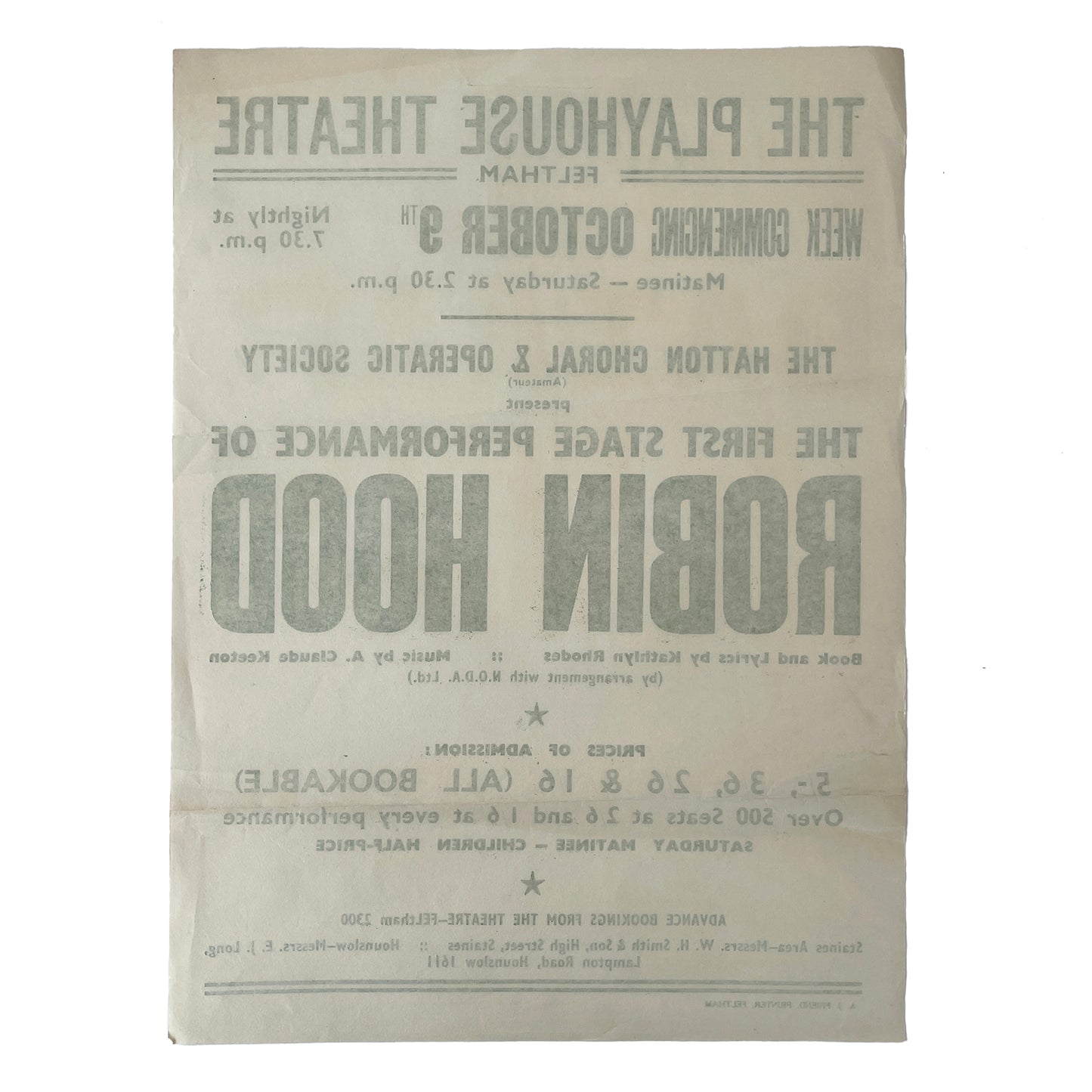 1950s Original Letterpress Printed Poster – Robin Hood