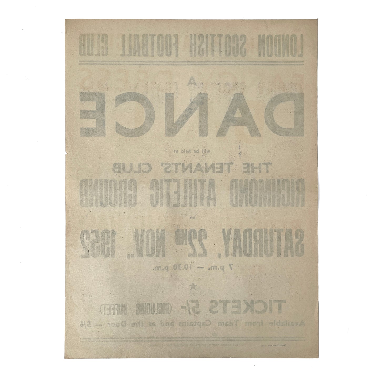 1952 Original Letterpress Printed Poster – Dance – London Scottish Football Club