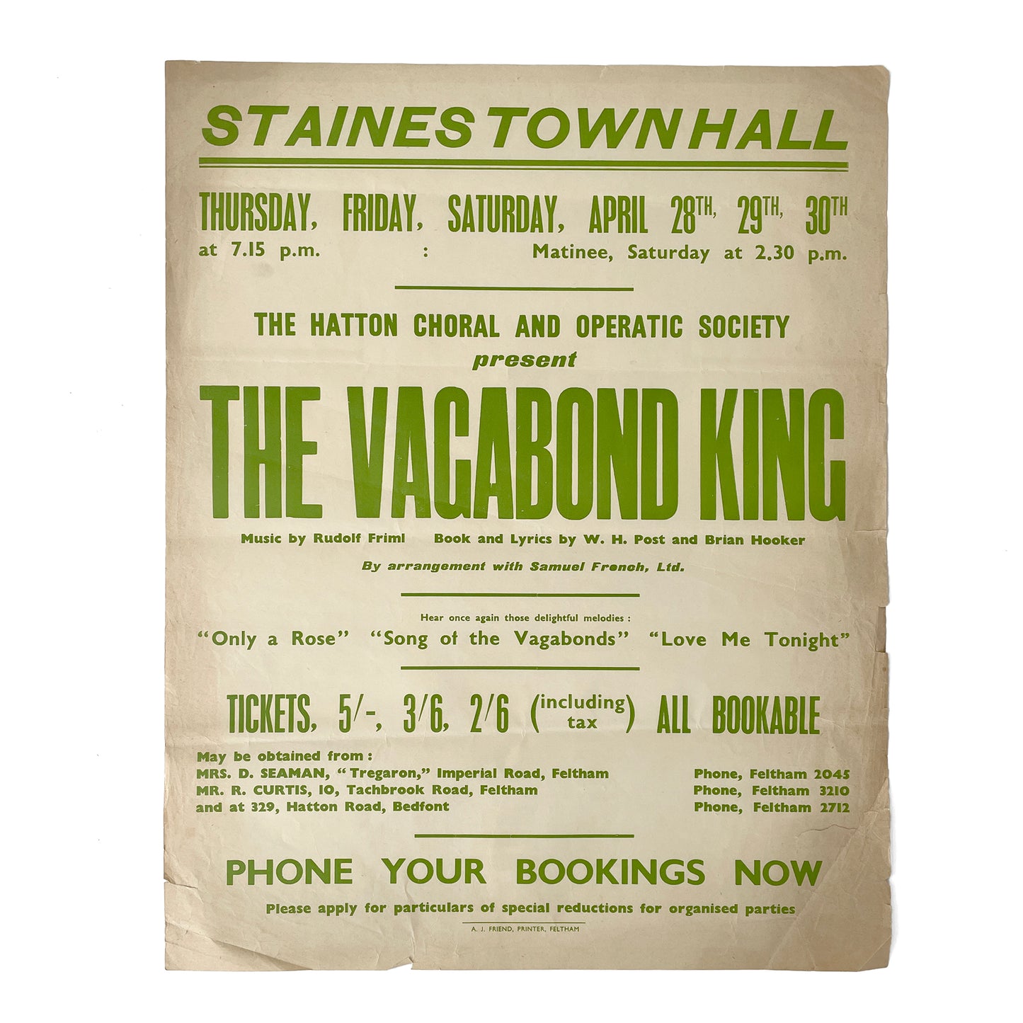 1950s Original Letterpress Printed Poster – The Vagabond King - Green