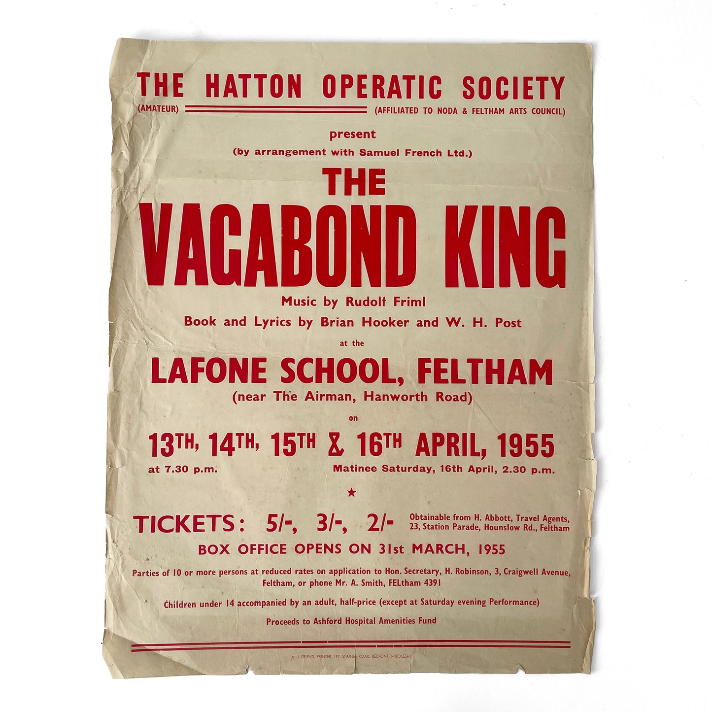 1955 Original Letterpress Printed Poster – The Vagabond King - Red