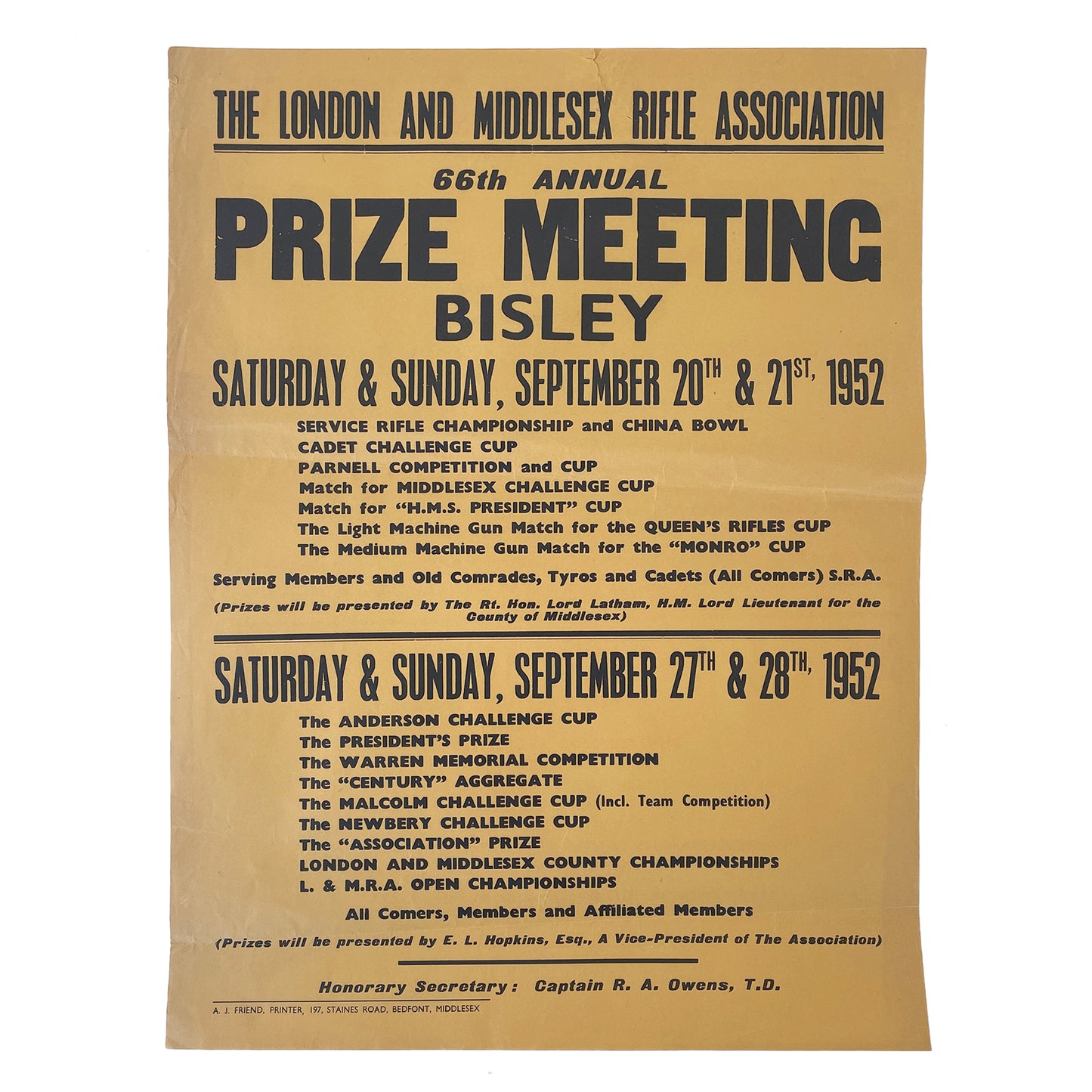 1952 Original Letterpress Printed Poster – Prize Meeting