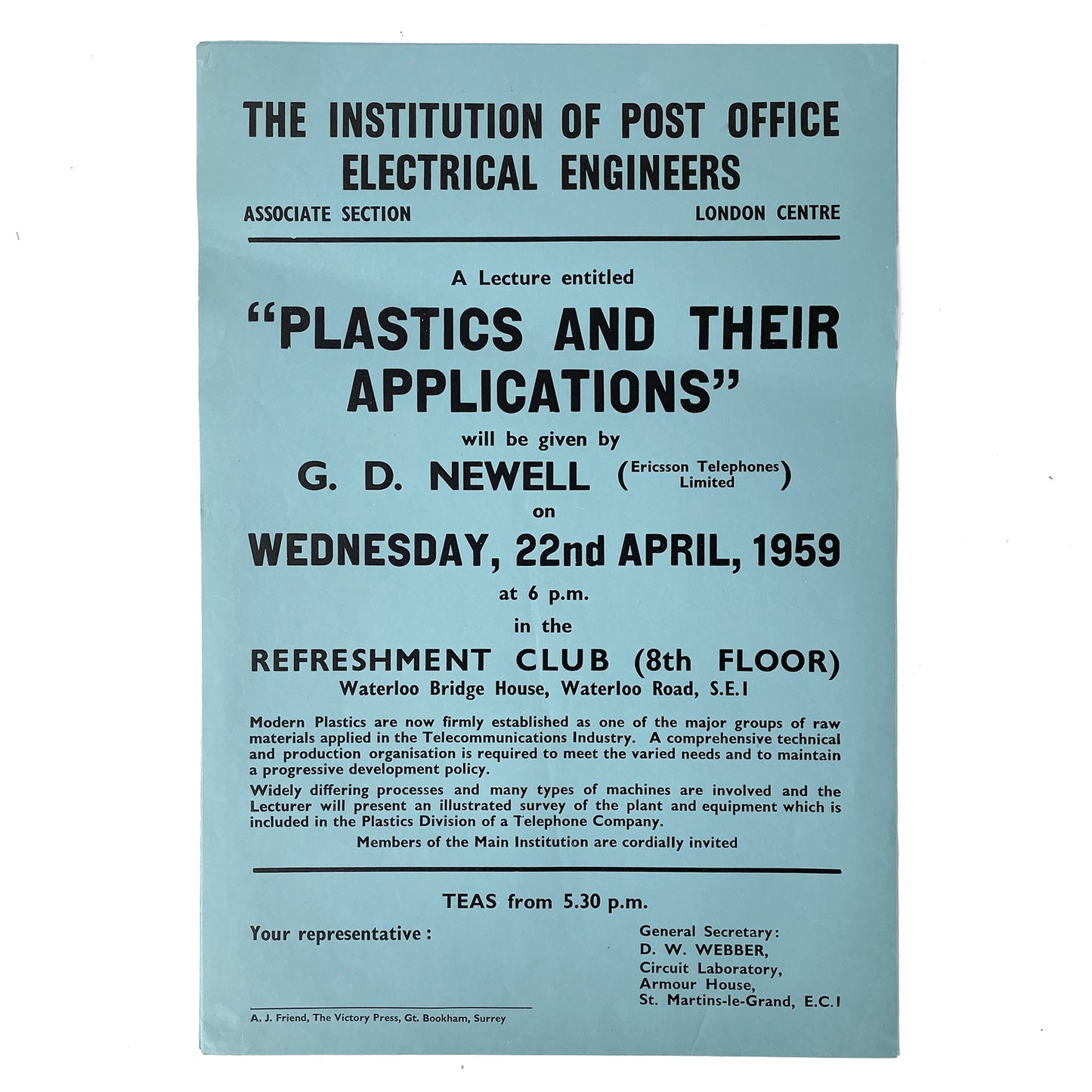 1959 Original Letterpress Printed Poster – The Institution of Post Office Electrical Engineers – Plastics and Their Applications