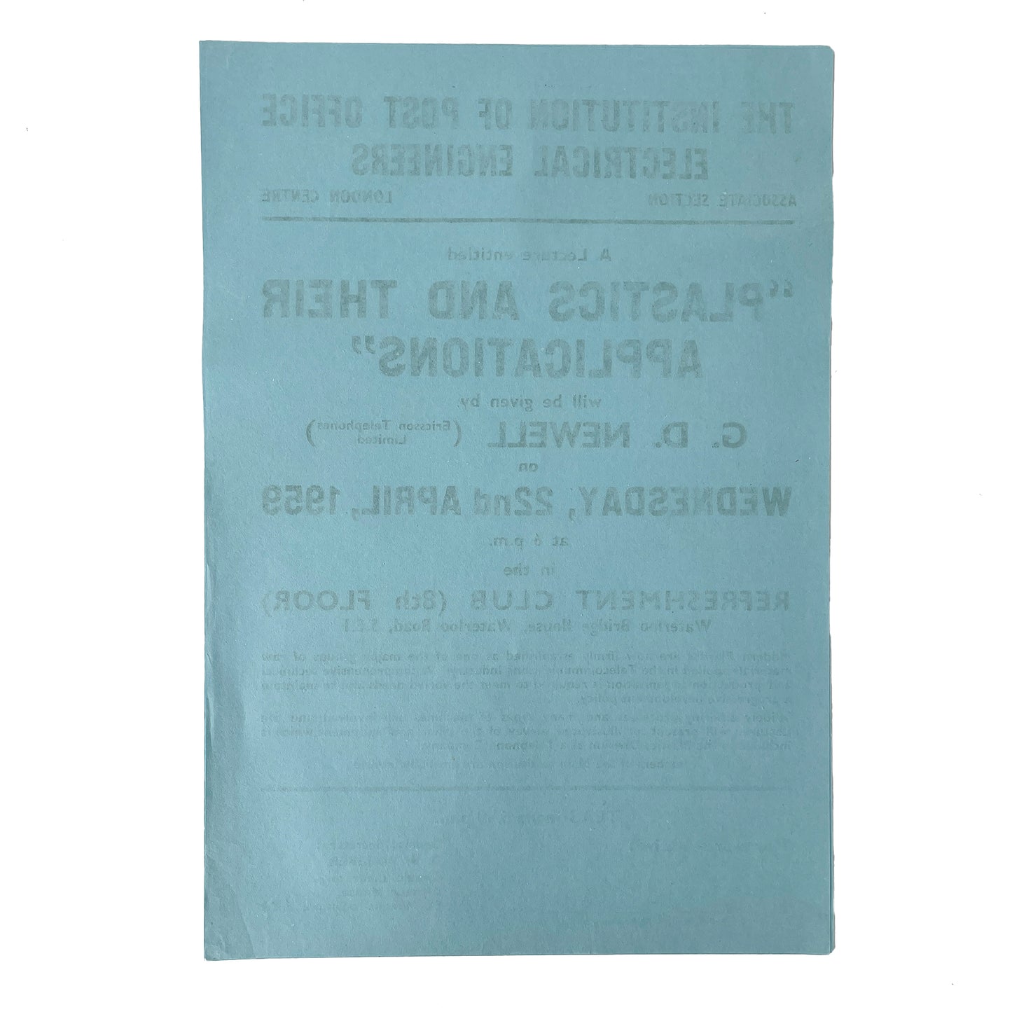 1959 Original Letterpress Printed Poster – The Institution of Post Office Electrical Engineers – Plastics and Their Applications