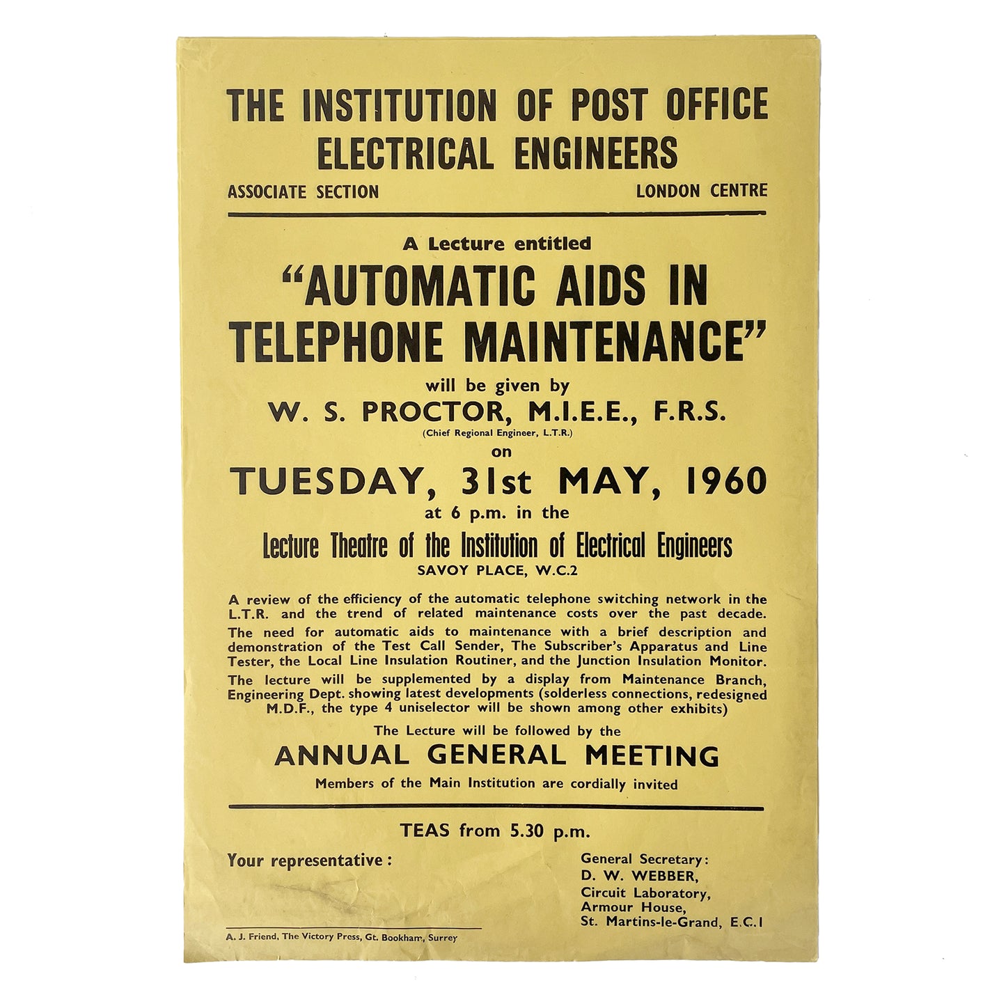 1960 Original Letterpress Printed Poster – The Institution of Post Office Electrical Engineers – Automatic Aids in Telephone Maintenance