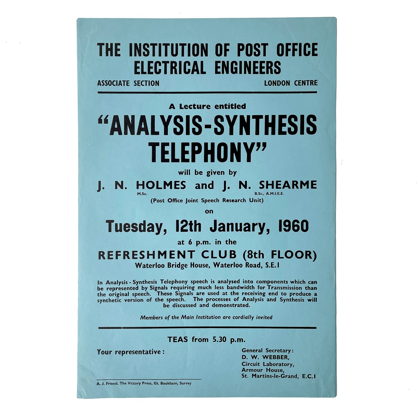 1960 Original Letterpress Printed Poster – The Institution of Post Office Electrical Engineers – Analysis – Synthesis Telephony