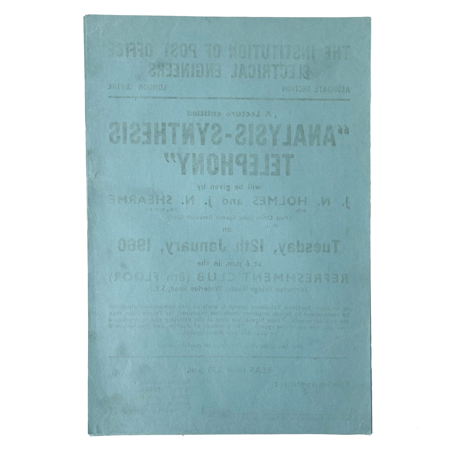 1960 Original Letterpress Printed Poster – The Institution of Post Office Electrical Engineers – Analysis – Synthesis Telephony