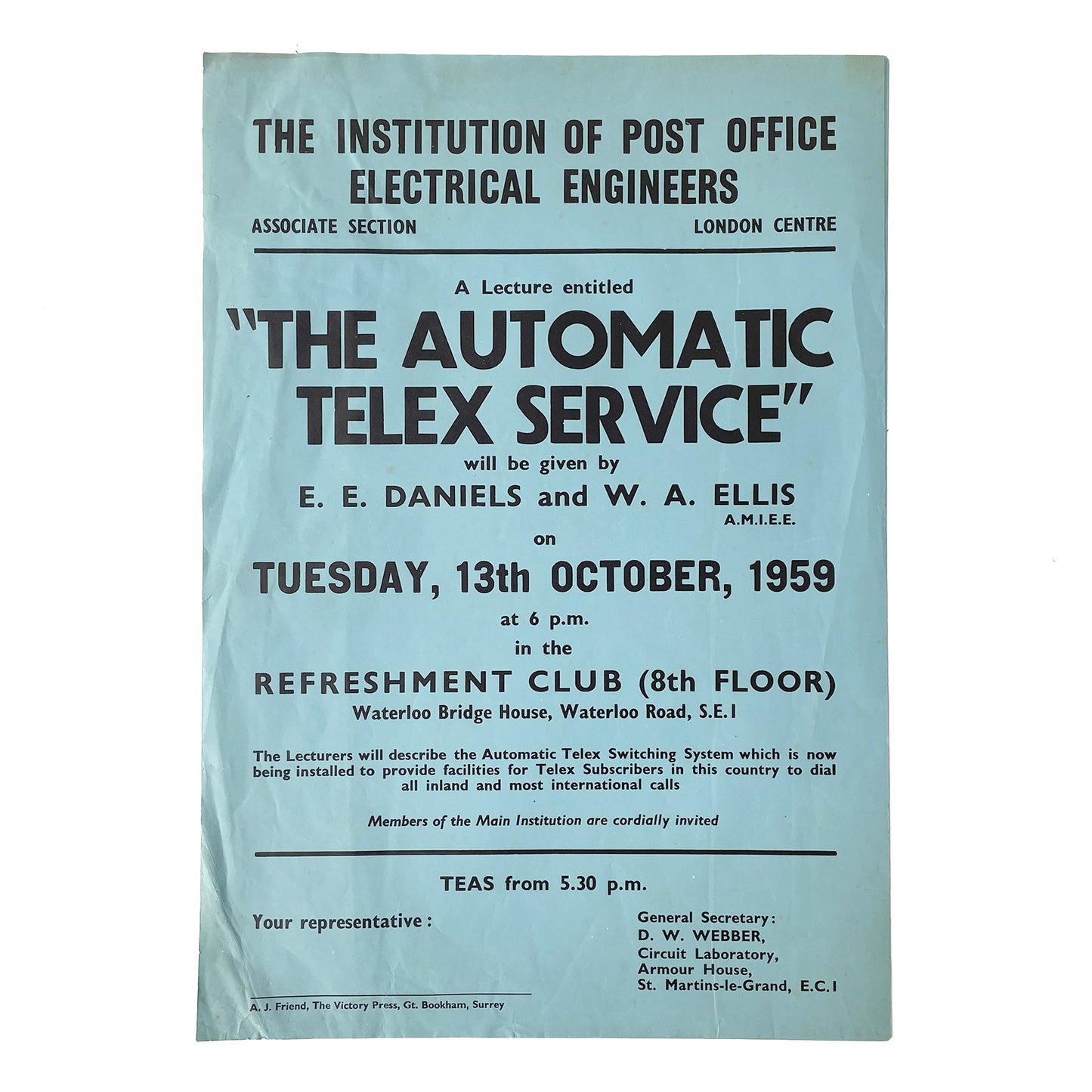 1959 Original Letterpress Printed Poster – The Institution of Post Office Electrical Engineers – The Automatic Telex Service