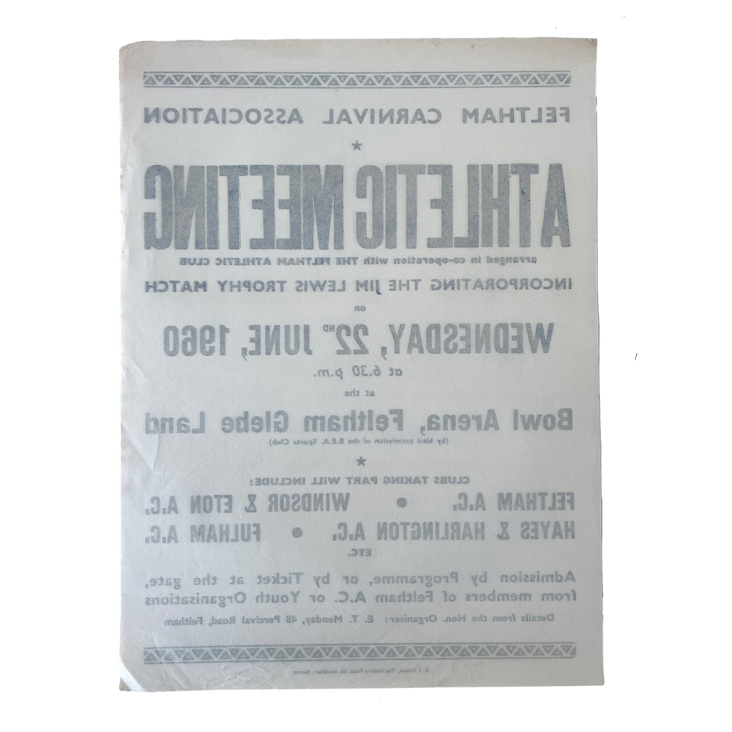 1960 Original Letterpress Printed Poster – Athletic Meeting