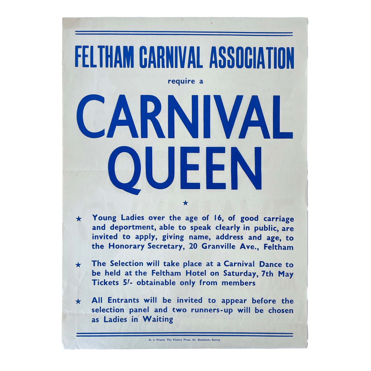 1950s Original Letterpress Printed Poster – Carnival Queen