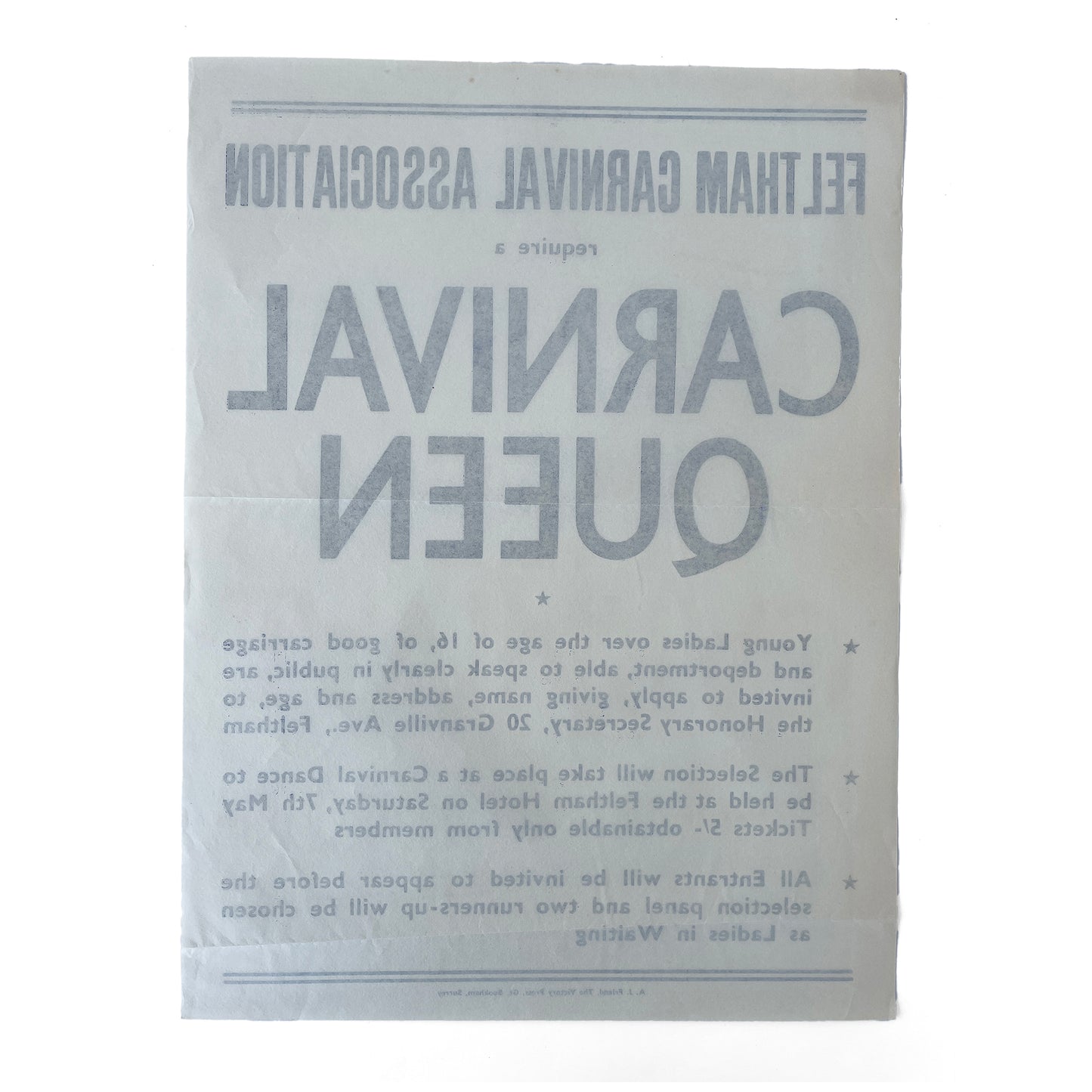 1950s Original Letterpress Printed Poster – Carnival Queen
