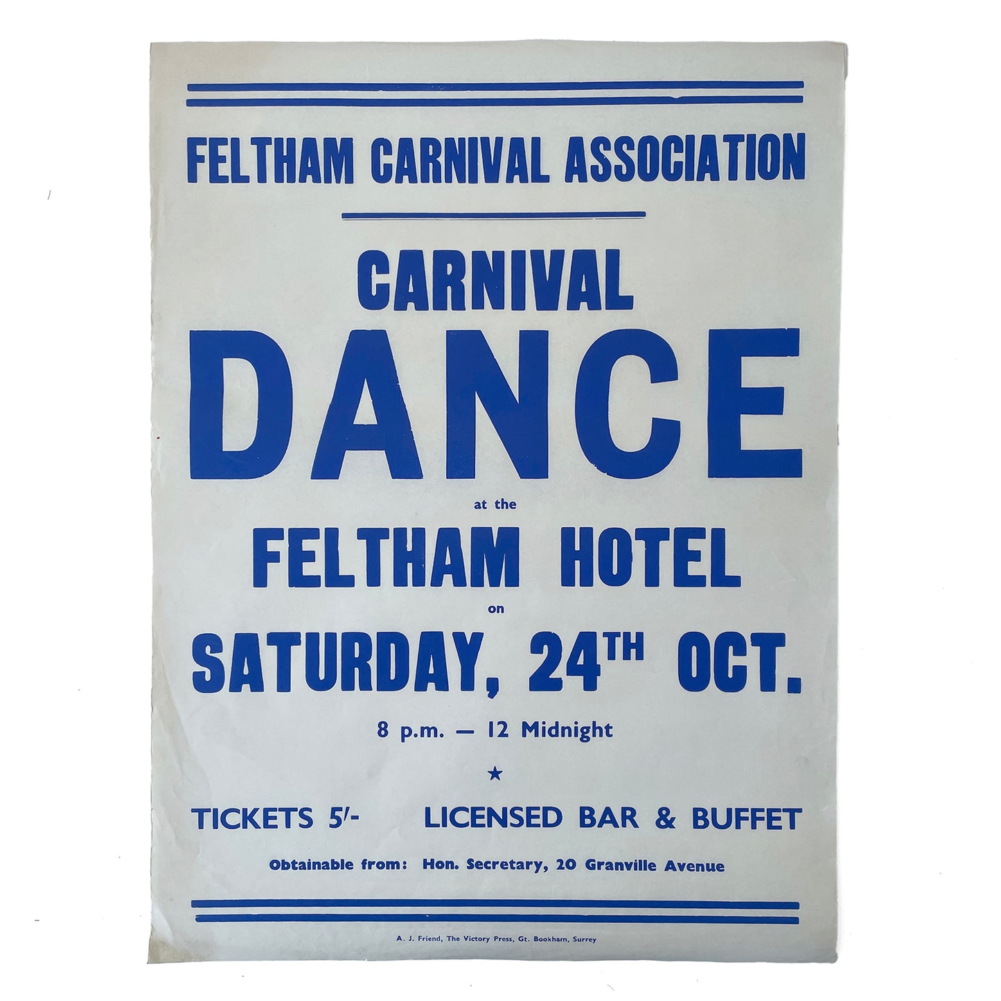 1950s Original Letterpress Printed Poster – Feltham Carnival Association - Carnival Dance