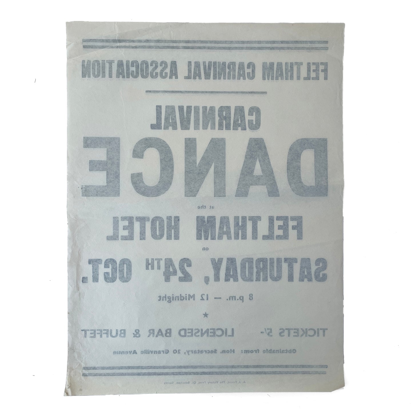 1950s Original Letterpress Printed Poster – Feltham Carnival Association - Carnival Dance