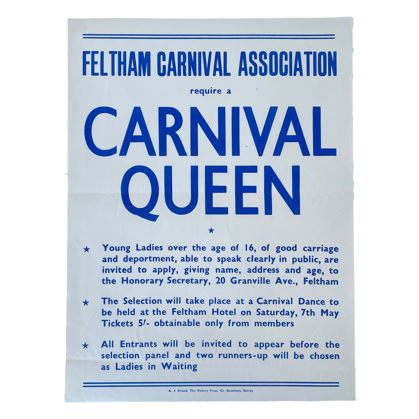 1950s Original Letterpress Printed Poster – Carnival Queen