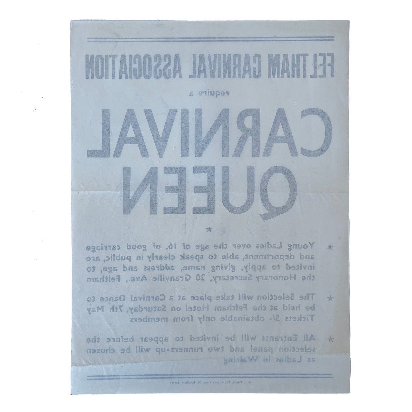 1950s Original Letterpress Printed Poster – Carnival Queen