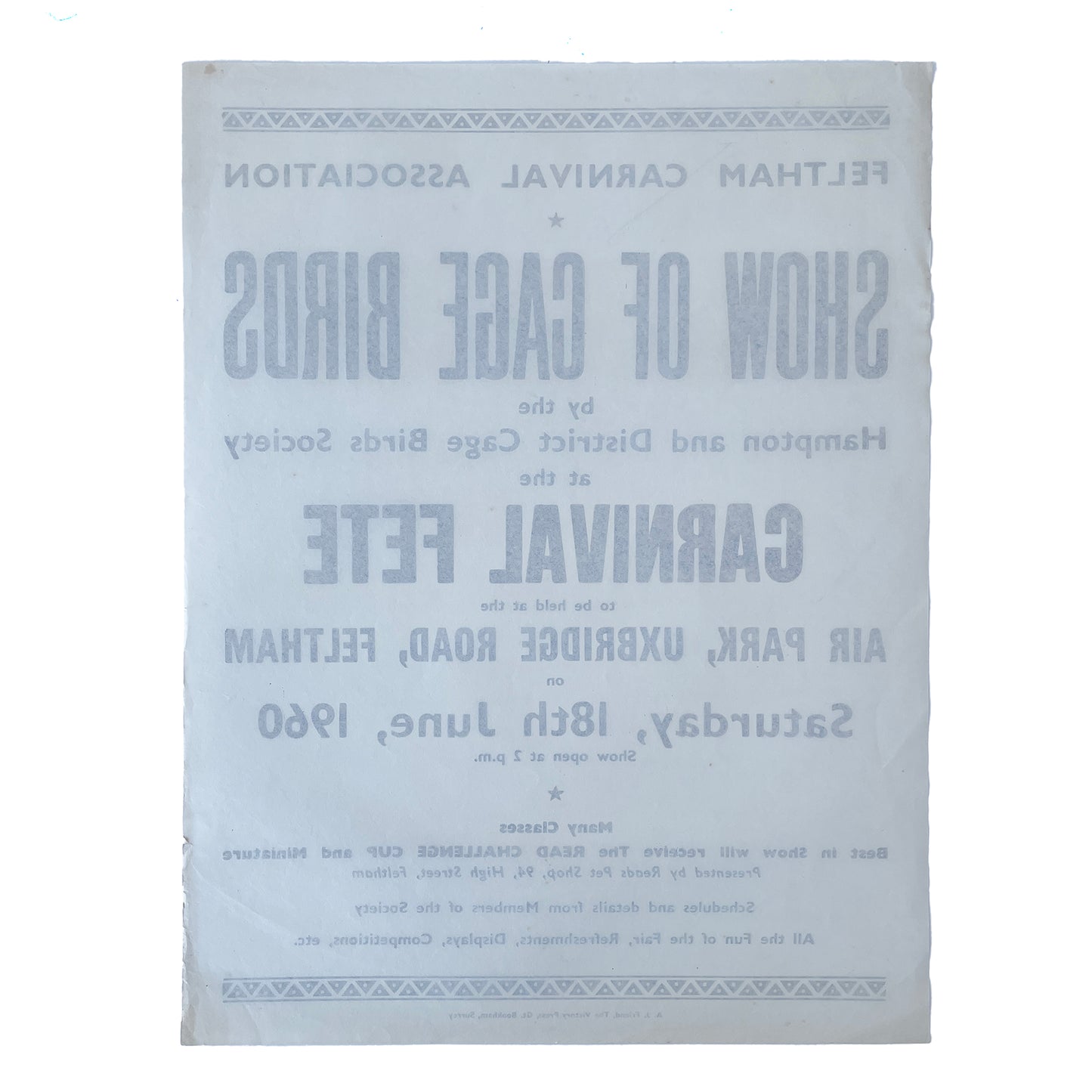 1960 Original Letterpress Printed Poster – Show of Cage Birds