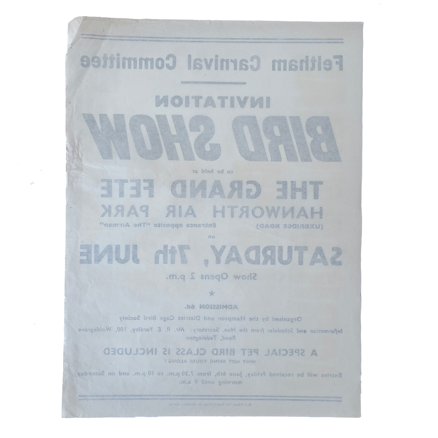 1960s Original Letterpress Printed Poster – Bird Show