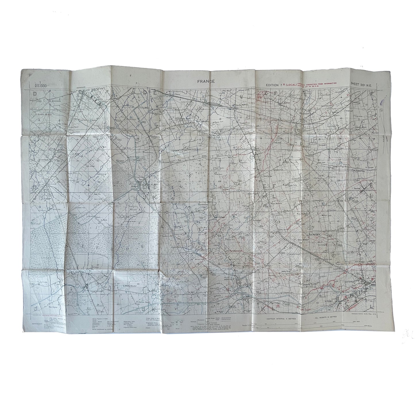 1918 WWI Military Map of Merville & Surrounding Area